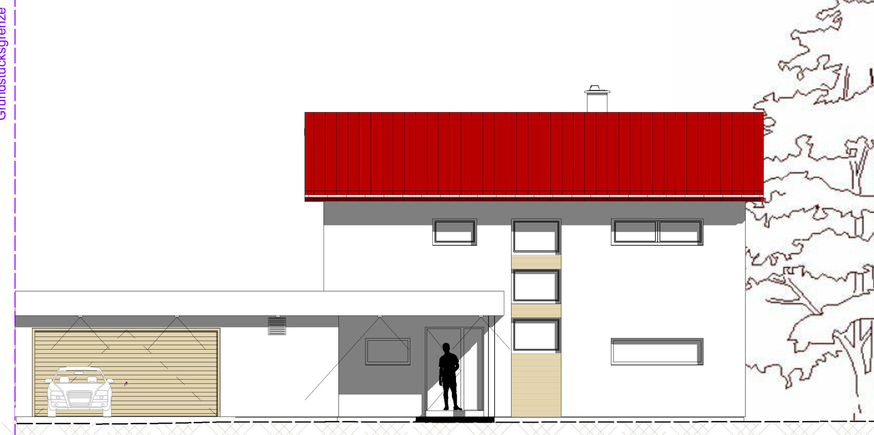 Zweistöckiges Haus mit rotem Dach, Garage links, Person vor Eingang.