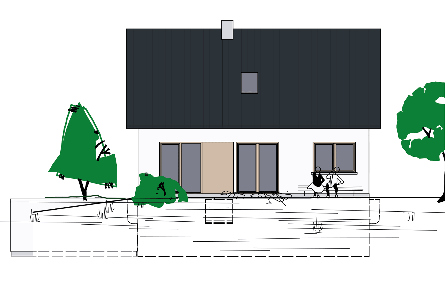 Zweistöckiges Haus mit dunklem Dach, Glasfronten und zwei Personen auf der Veranda.