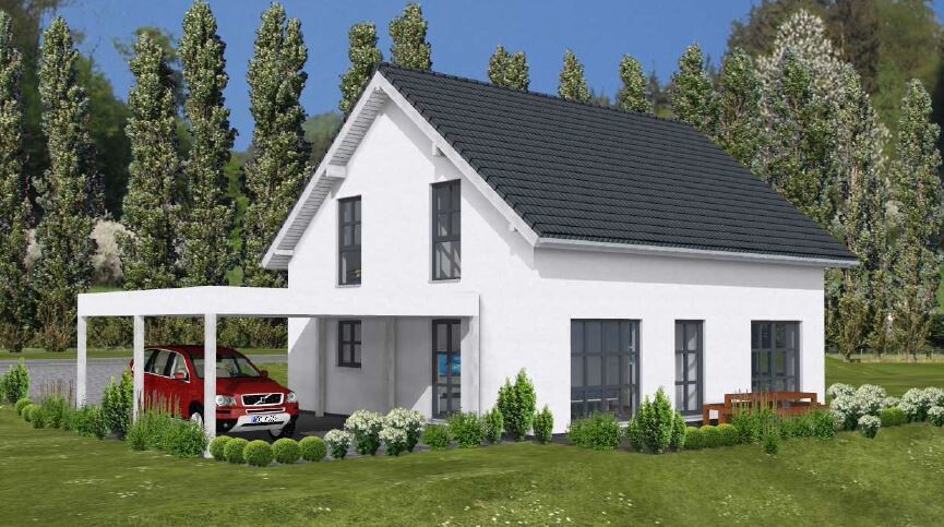 Weißes modernes Haus mit Carport, Garten und Terrasse in 3D-Visualisierung