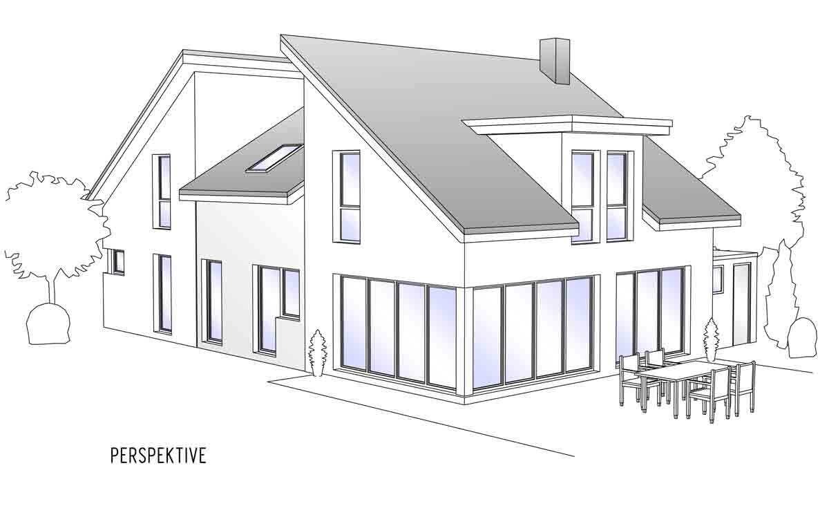 Modernes, zweistöckiges Haus mit großen Glasfronten, Terrasse und Esstisch.