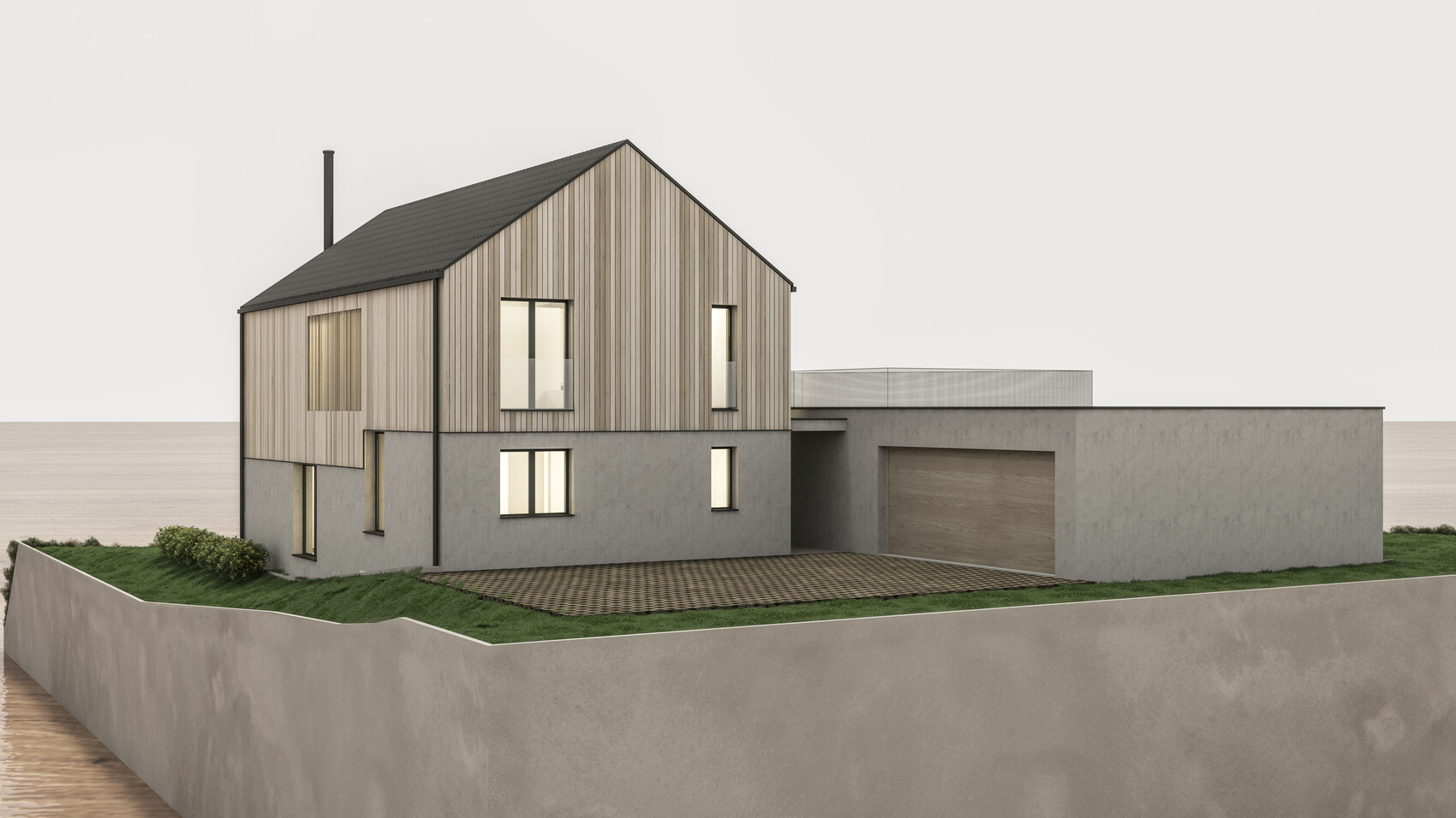 Modernes Einfamilienhaus mit Holzfassade im Obergeschoss, graue Betonbasis unten, Garage und Zufahrt.