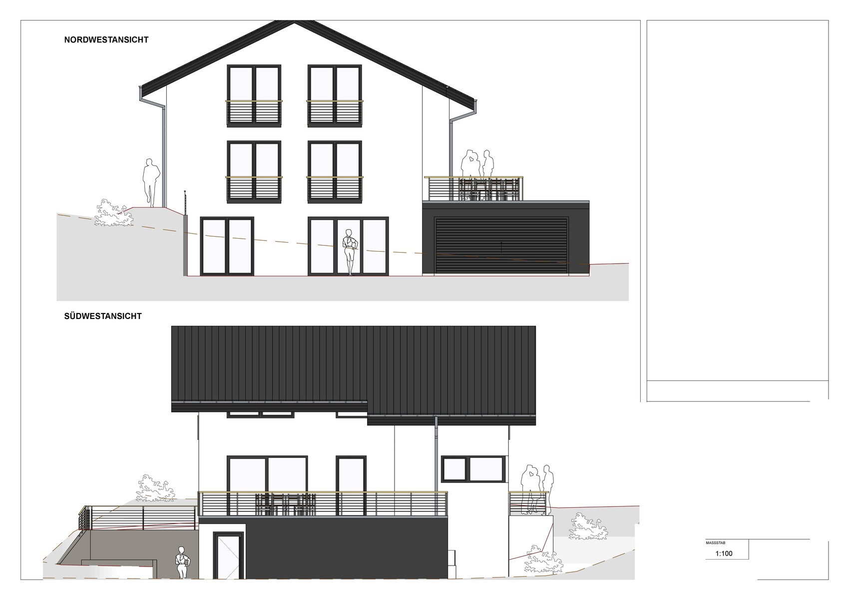 Moderne zweigeschossige Hausansicht mit Satteldach, Balkone, Garage und Terrasse (NW-SW-Ansicht).