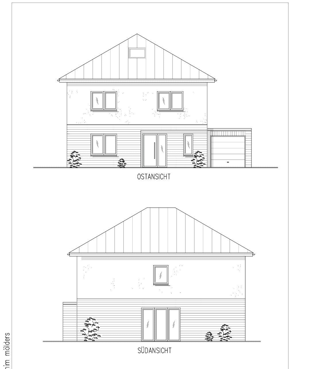 Architekturzeichnung: Ost- und Südansicht eines zweigeschossigen Hauses mit Garage.