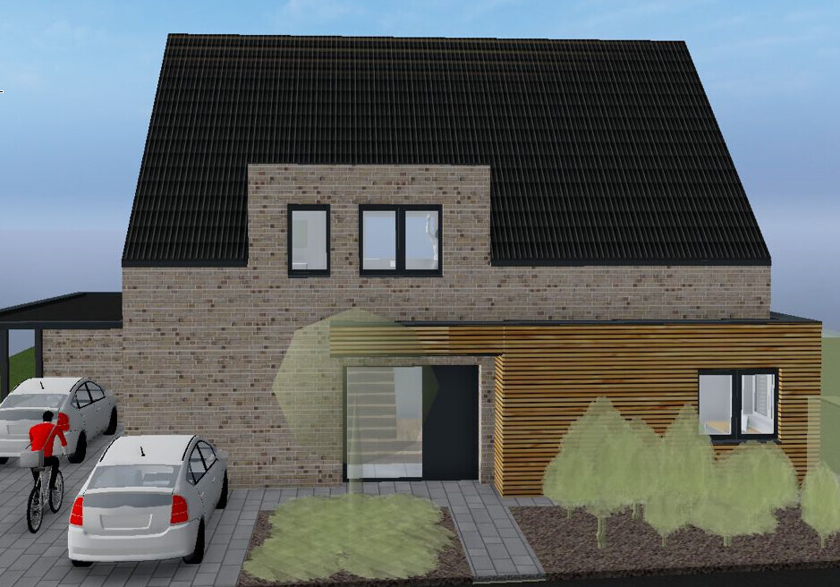 Modernes zweistöckiges Haus aus Backstein mit Holzverkleidung, Carport, zwei Autos und Fahrradfahrer.