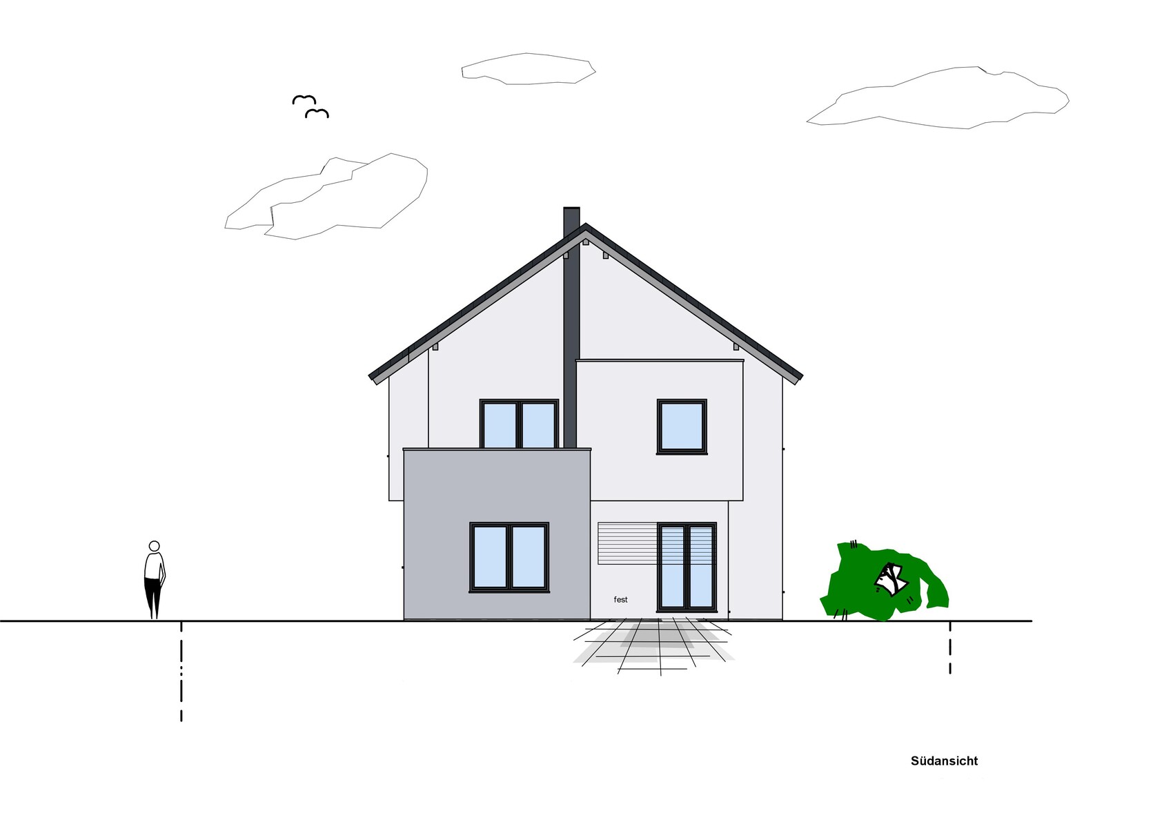 Zweistöckiges Haus mit grauer Front, großen Fenstern; links Mensch, rechts Busch; Südansicht.