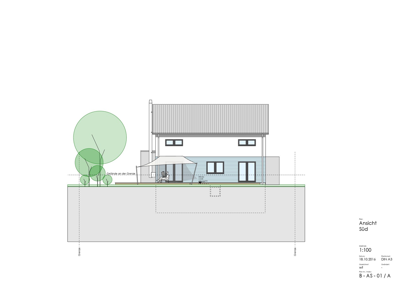 Südansicht eines Einfamilienhauses mit Terrasse, Markise, Garten und Bäumen.