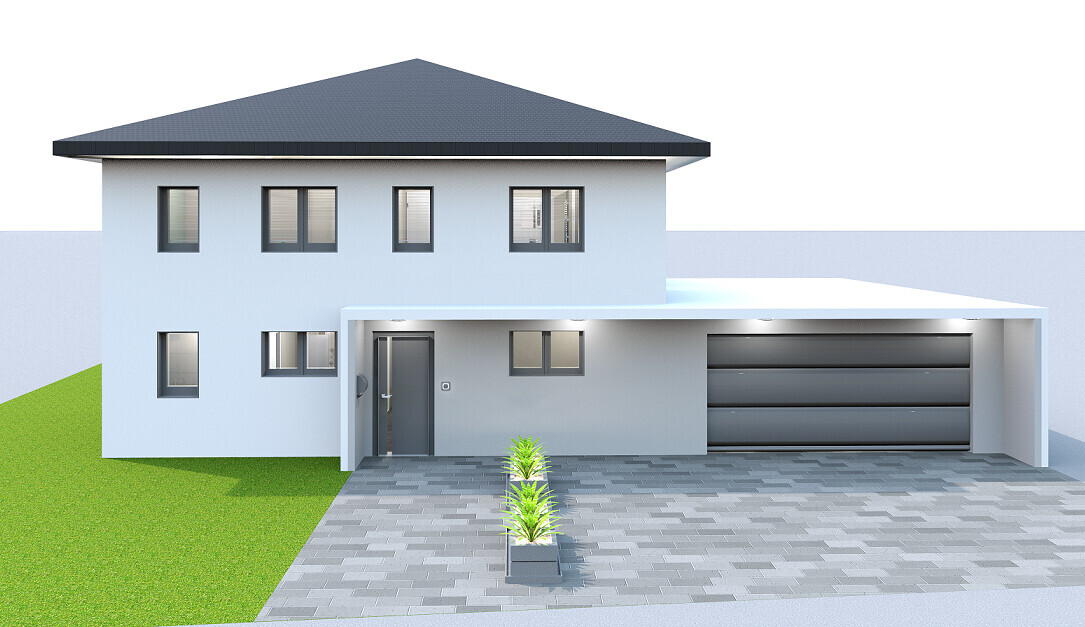 Moderne Hausfront mit Garage und Einfahrt im 3D-Render