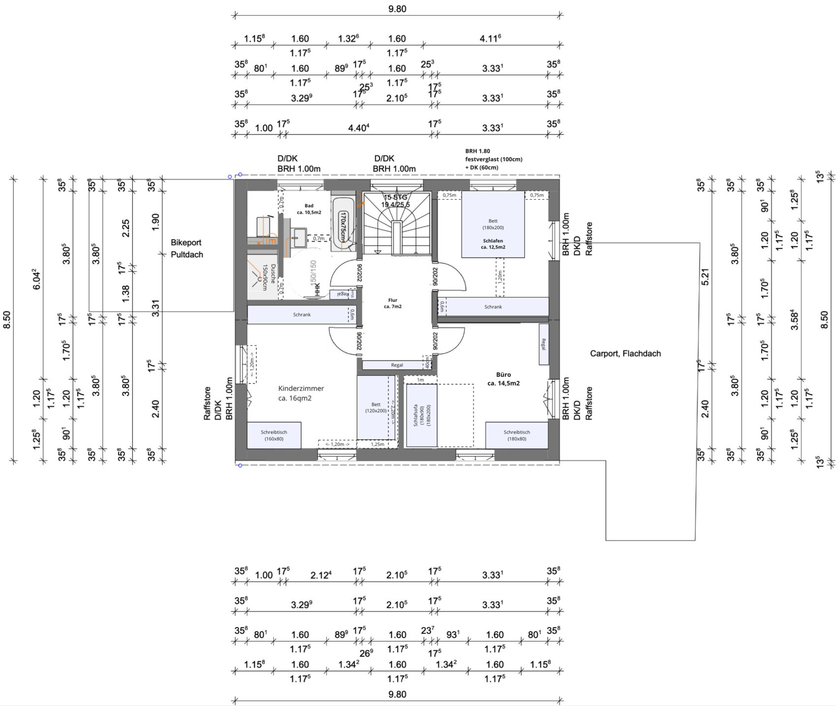 Grundriss eines Hauses mit Flur, Bad, Schlafzimmer, Büro, Kinderzimmer und Carport.