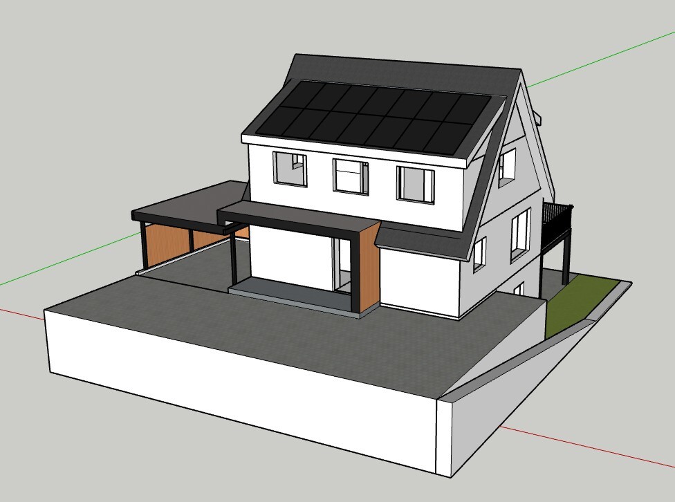 Modernes zweistöckiges Haus mit Solaranlagen auf dem Dach, Carport und Hanggrundstück.