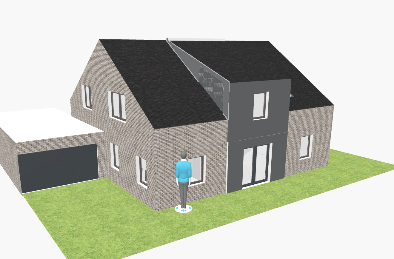 3D-Visualisierung: zweistöckiges Backstein-Haus mit dunklem Dach, Garage links, Person davor