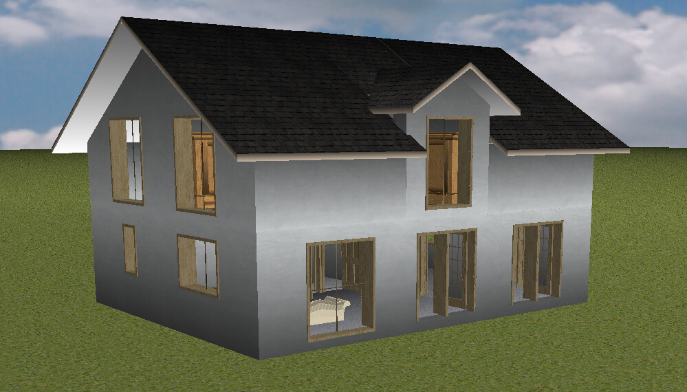 3D-Hausmodell: zweistöckiges, graues Gebäude mit Satteldach und vielen Fenstern; Innenraum sichtbar