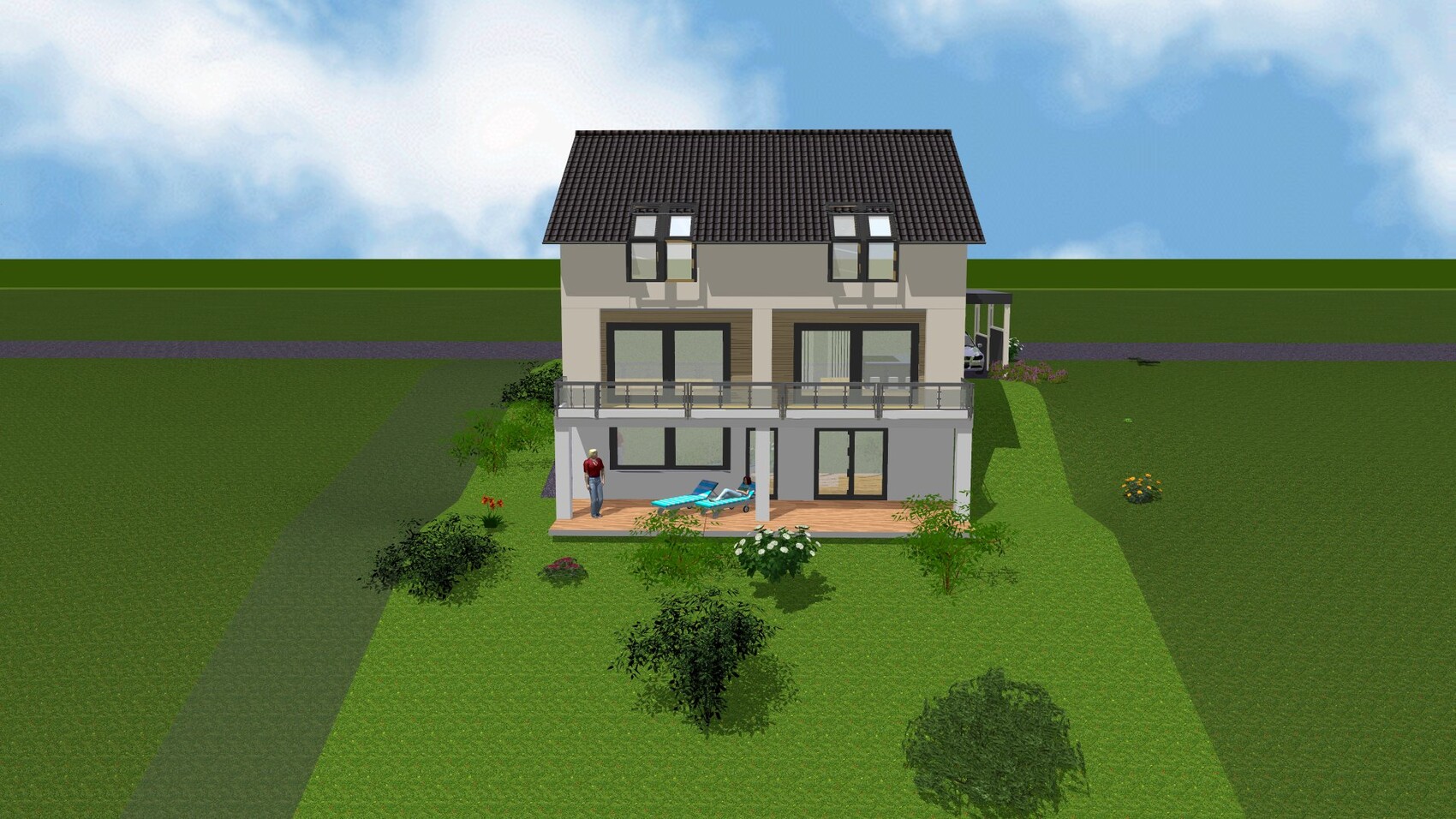 Zweistöckiges Einfamilienhaus mit dunklem Ziegeldach, Balkon, Terrasse mit Liegen und Person.
