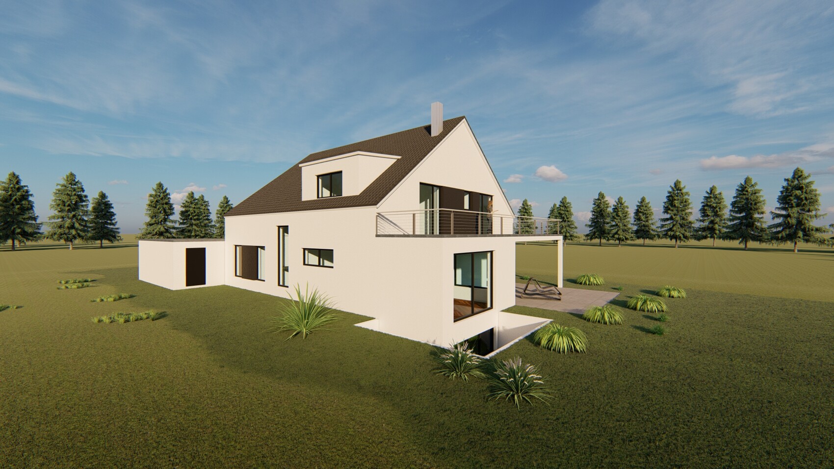 Modernes weißes Haus mit braunem Satteldach, Balkon, Terrasse und grüner Umgebung.