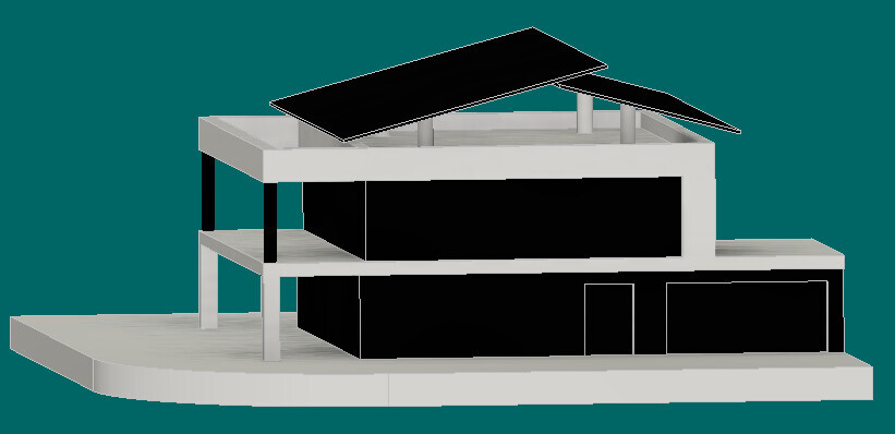 Modell eines modernen, mehrstöckigen Gebäudes mit schwarzen Glasflächen und Solarmodule.