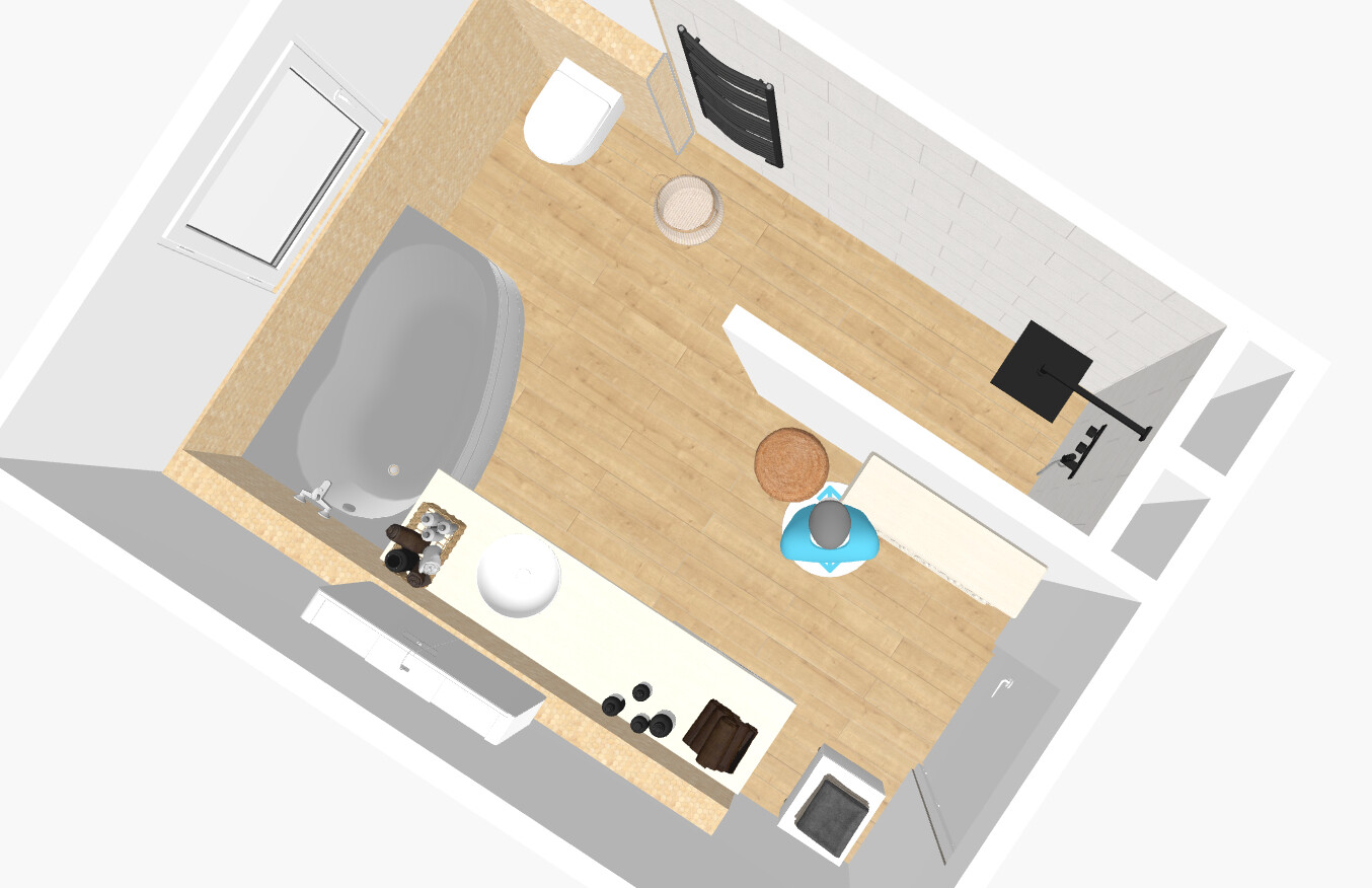 Isometrisches Badezimmer mit Badewanne, Toilette, Waschbecken und Stauraum auf Holzboden.