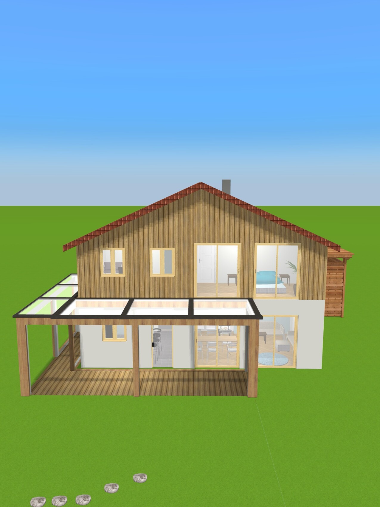 Zweigeschossiges Holzhaus mit rotem Ziegeldach, Glas-Veranda und Terrasse auf grünem Rasen.