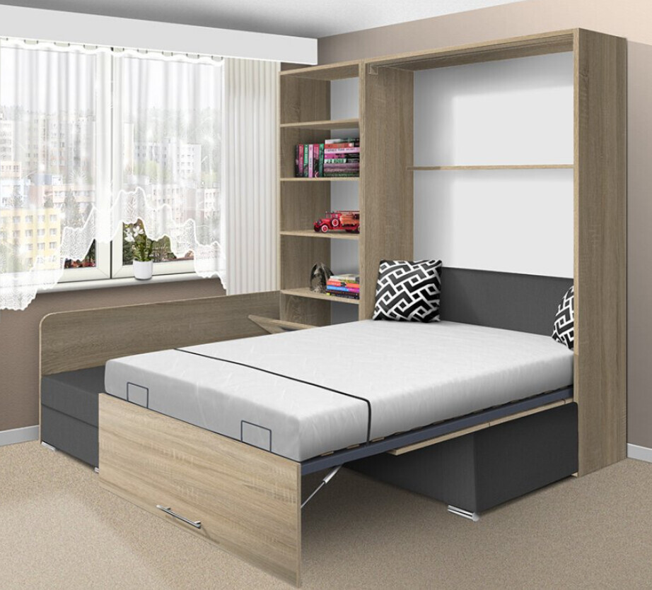 Modernes Schlafzimmer mit Bett, integriertem Stauraum und Holzregalwand.