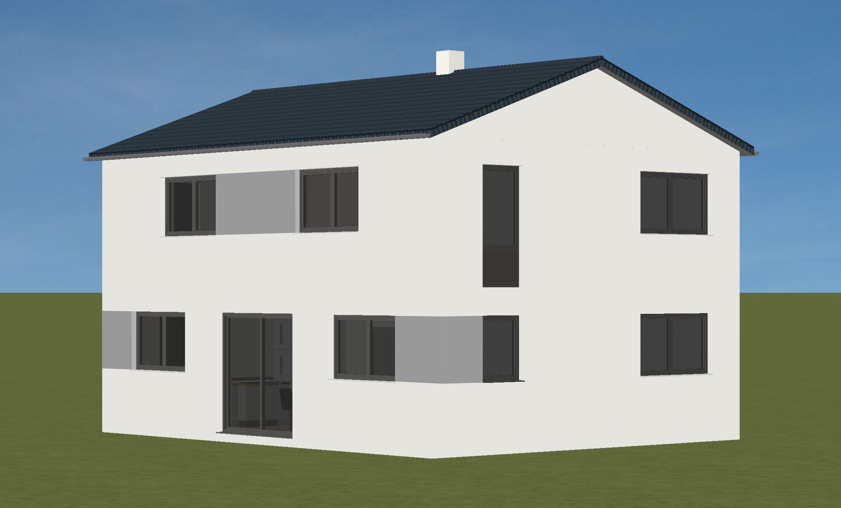 Modernes zweistöckiges Haus mit weißer Fassade, dunklem Dach und großen Fenstern vor Grünfläche.