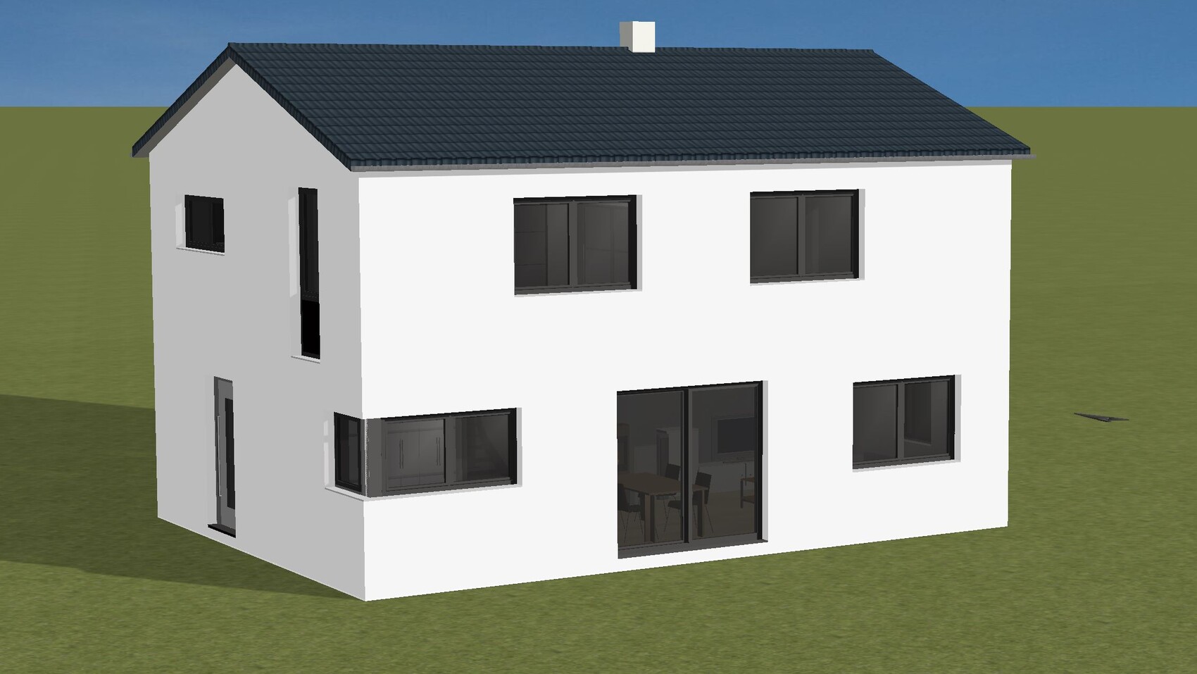 Modernes weißes zweigeschossiges Haus mit dunklem Ziegeldach, großen Fenstern und Glasschiebetür.