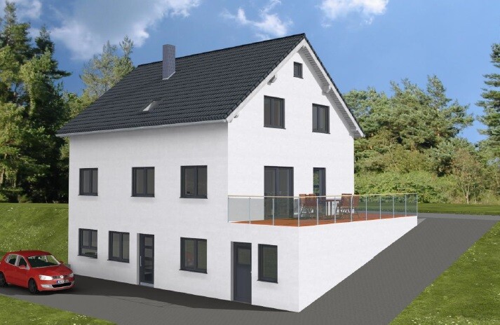 Weißes zweistöckiges Haus mit Terrasse und Glasgeländer; roter Pkw daneben.