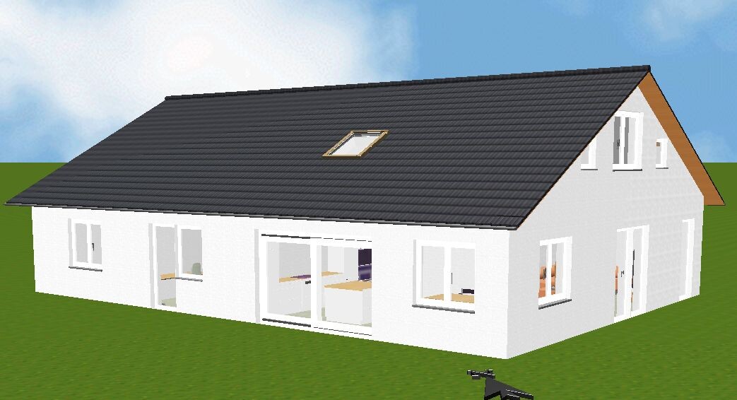 Weißes Einfamilienhaus mit dunklem Satteldach, Glasfronten und Garten.