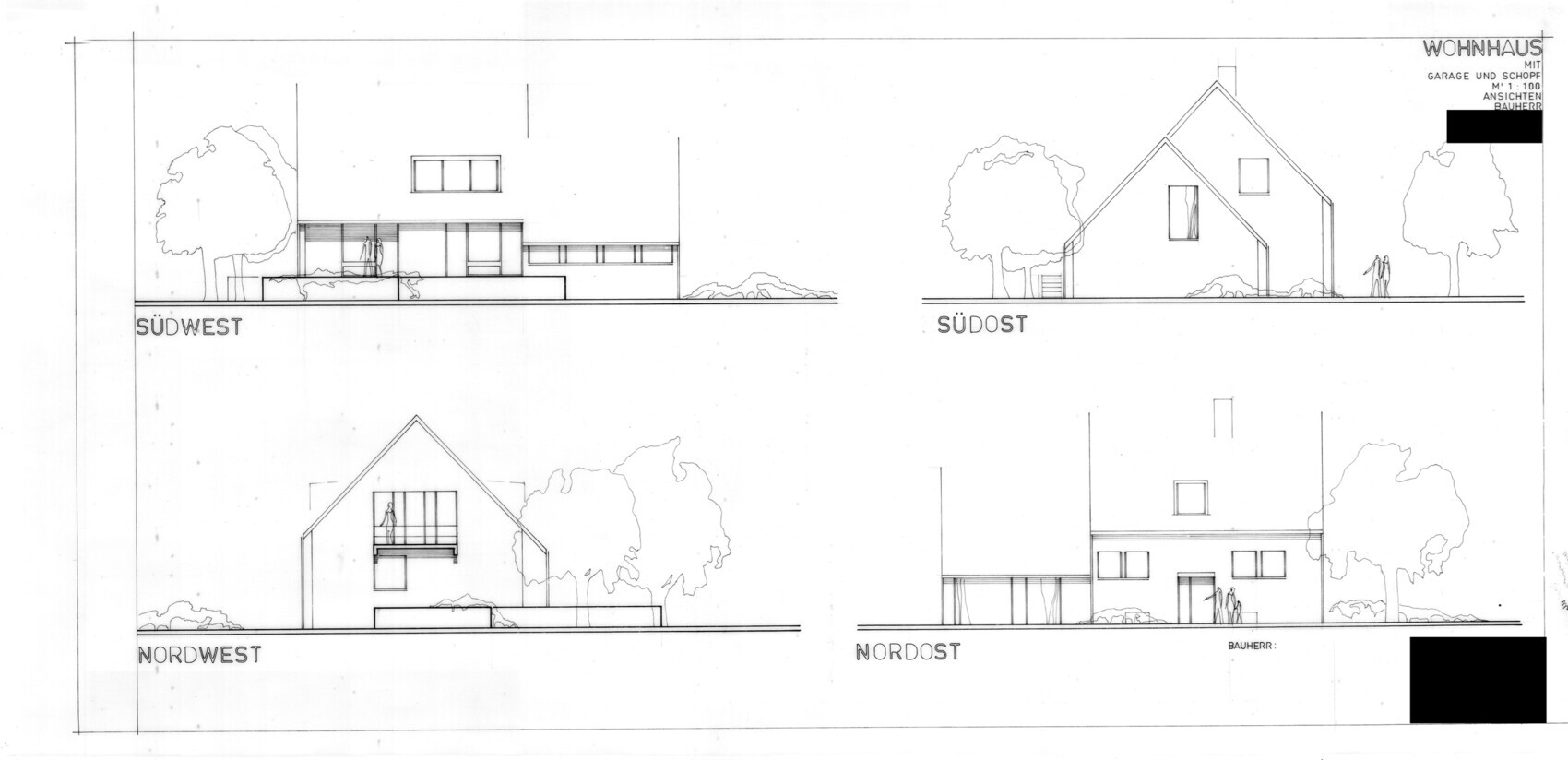 Vier Fassadenansichten eines modernen Wohnhauses mit Gartenbäumen Architekturskizze