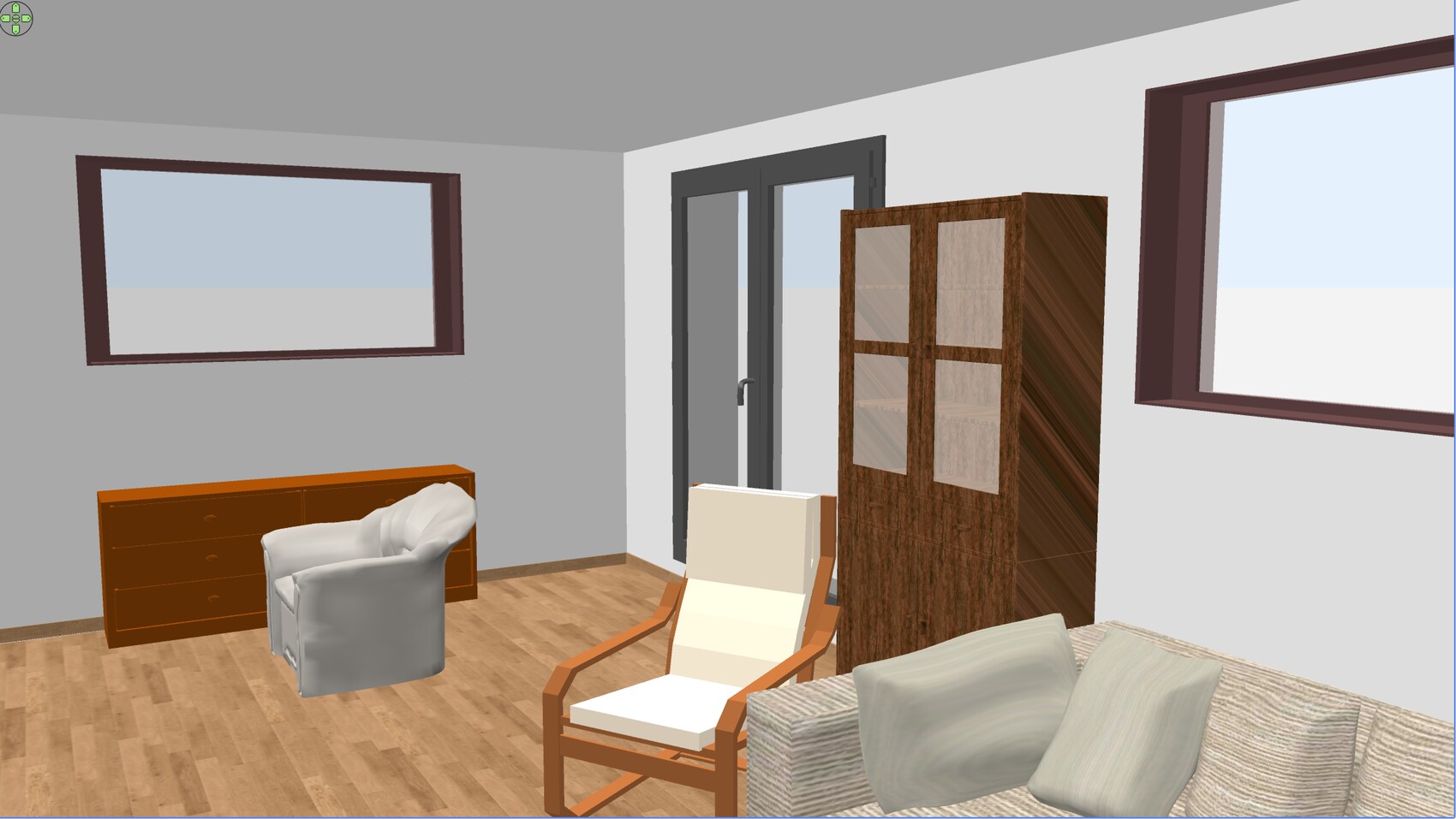 3D-Rendering eines modernen Wohnzimmers mit Sofa, Sessel und Fenster