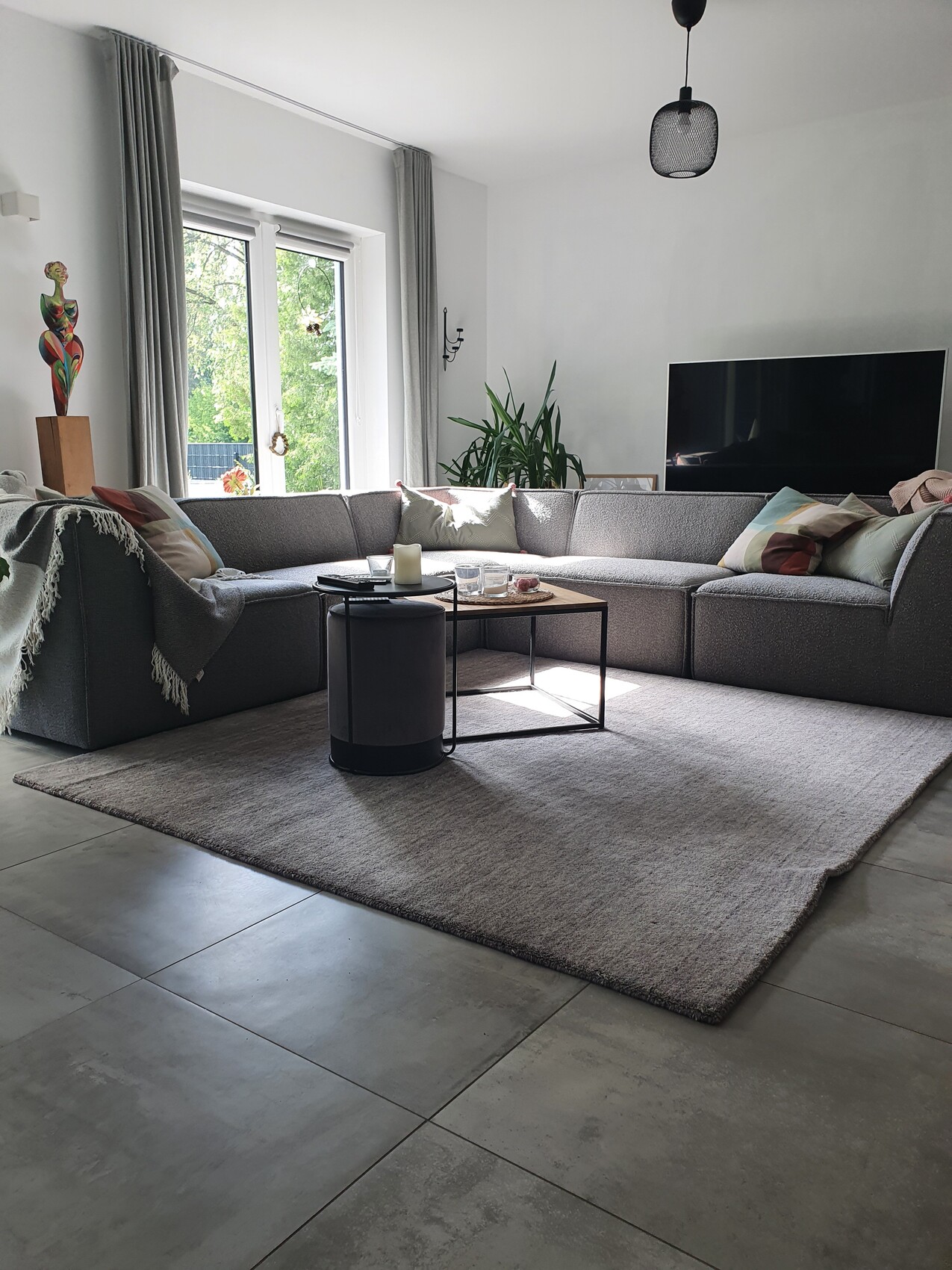 Geräumiges Wohnzimmer mit grauer Eckcouch, Teppich, Pflanzen und Flachbildfernseher