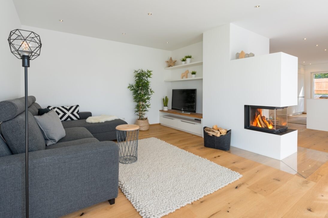 Modernes Wohnzimmer: graue Eckcouch, Kamin, TV-Bereich, Holzboden, Teppich, Pflanzen.