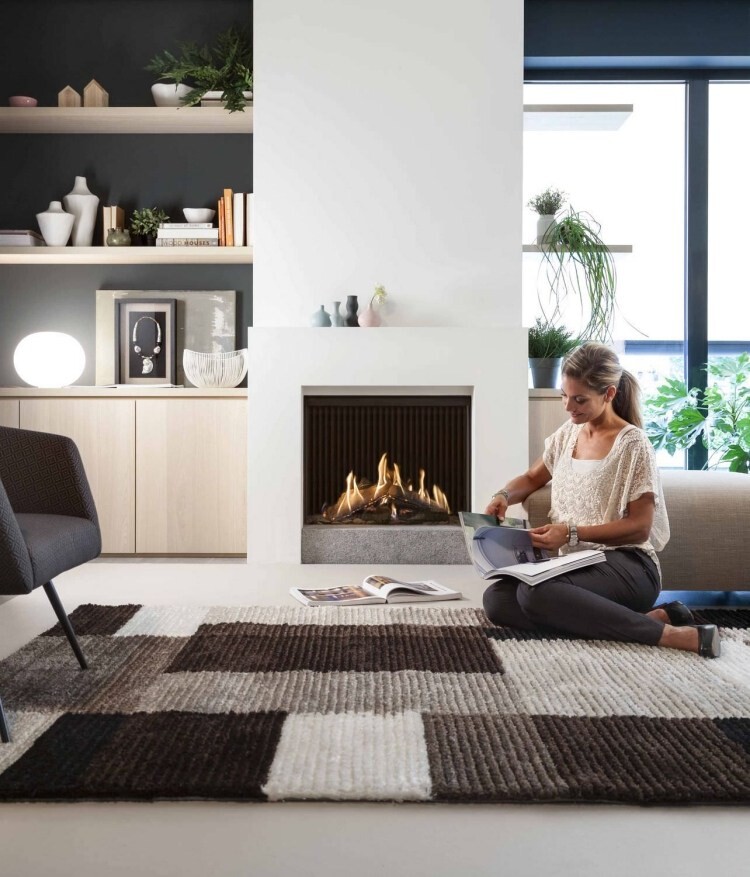 Moderner Wohnbereich mit Kamin, Teppich, Regal, Pflanzen; Frau liest Magazin.
