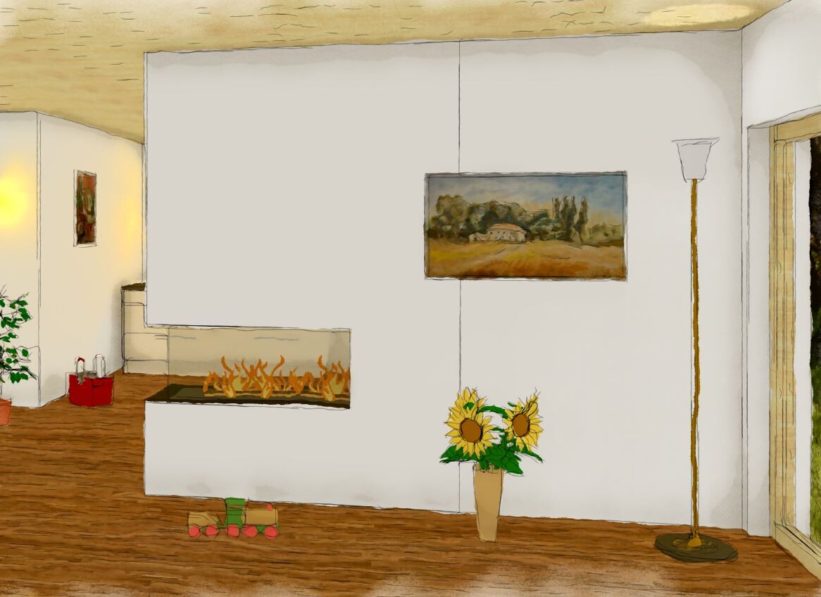 Wohnzimmer mit Kamin, Wandbild, Sonnenblumenstrauß in Vase und Stehlampe.