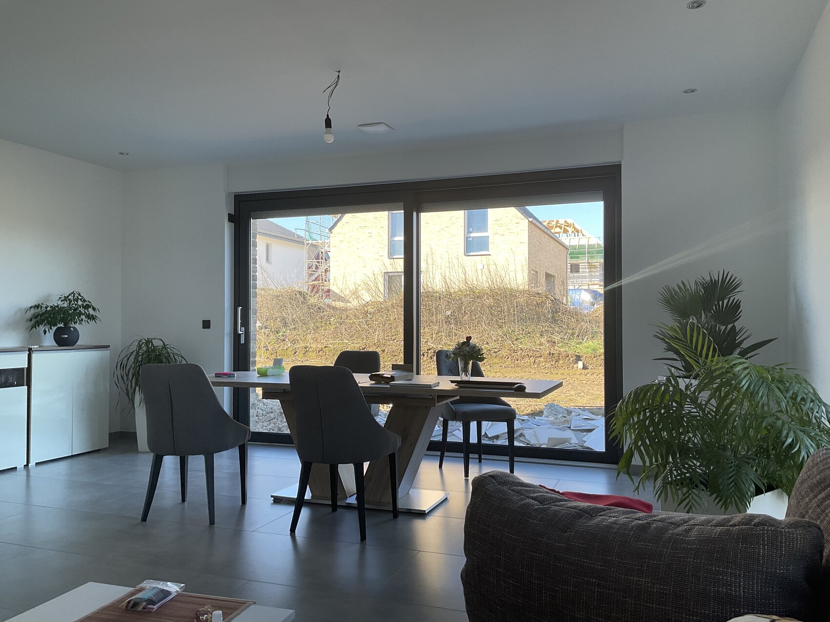 Modernes Esszimmer mit großer Glas-Schiebetür, Esstisch, graue Stühle und Zimmerpflanzen.