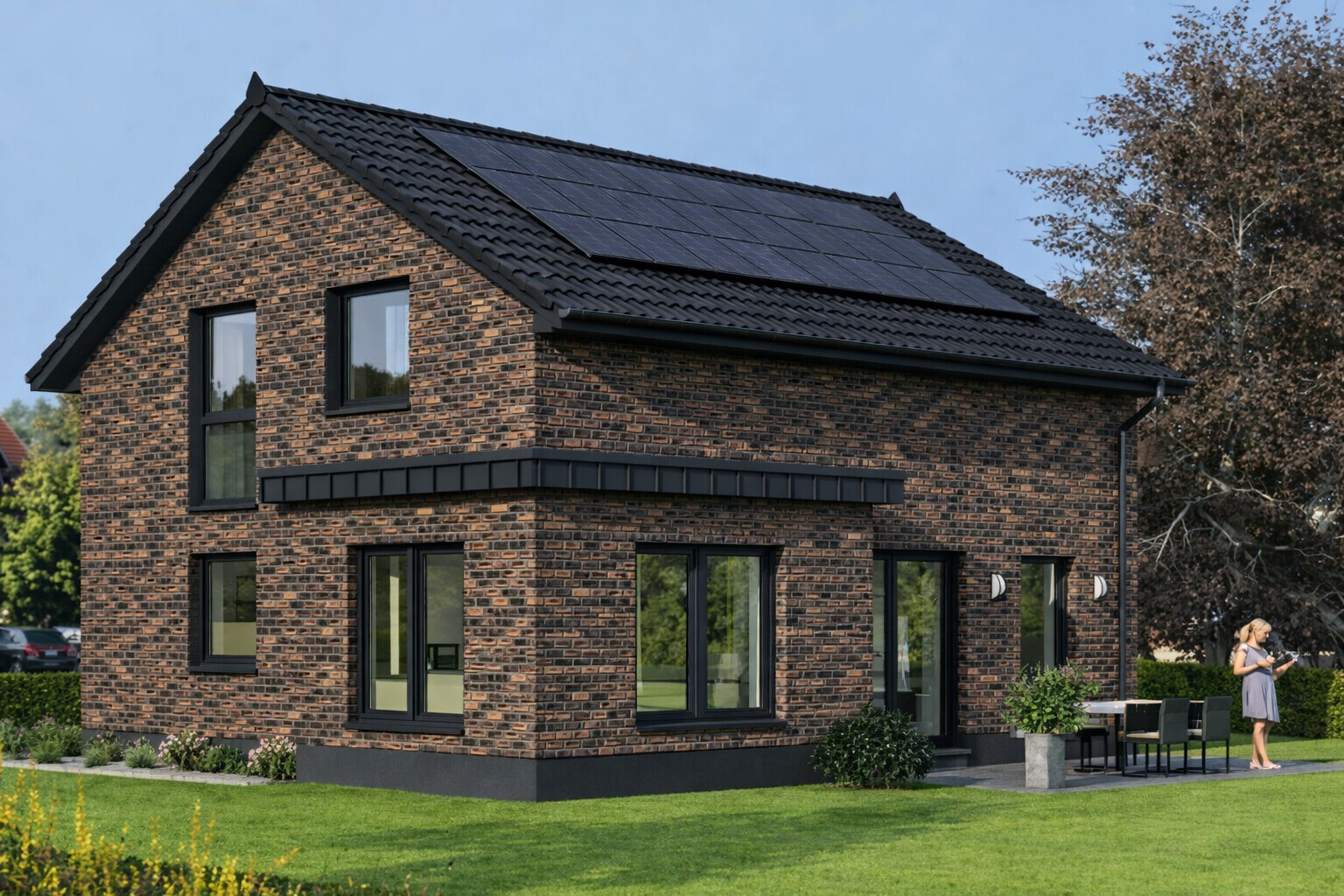 Modernes zweistöckiges Ziegelhaus mit Solarpanelen, Terrasse und Garten