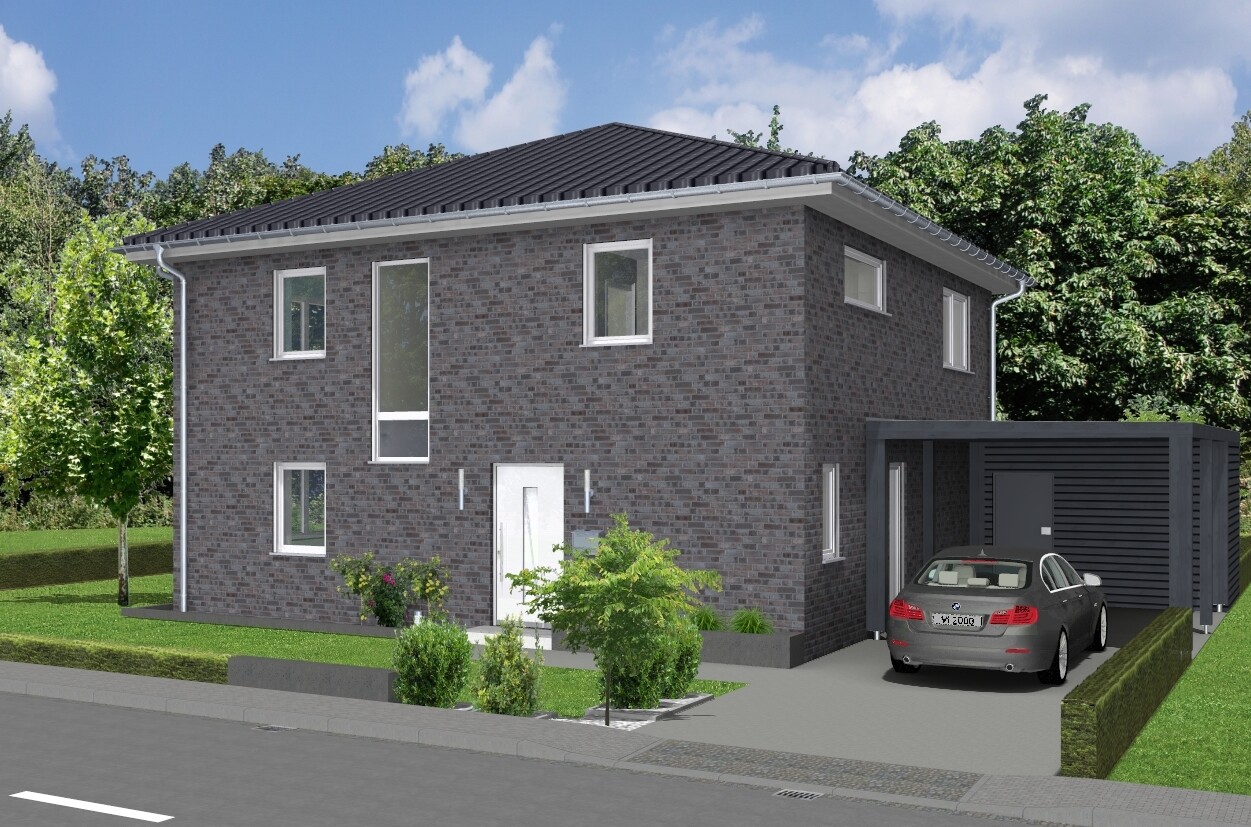 Zweistöckiges dunkles Ziegelhaus mit Garage, geparktem Auto, Baum- und Gartenumgebung.