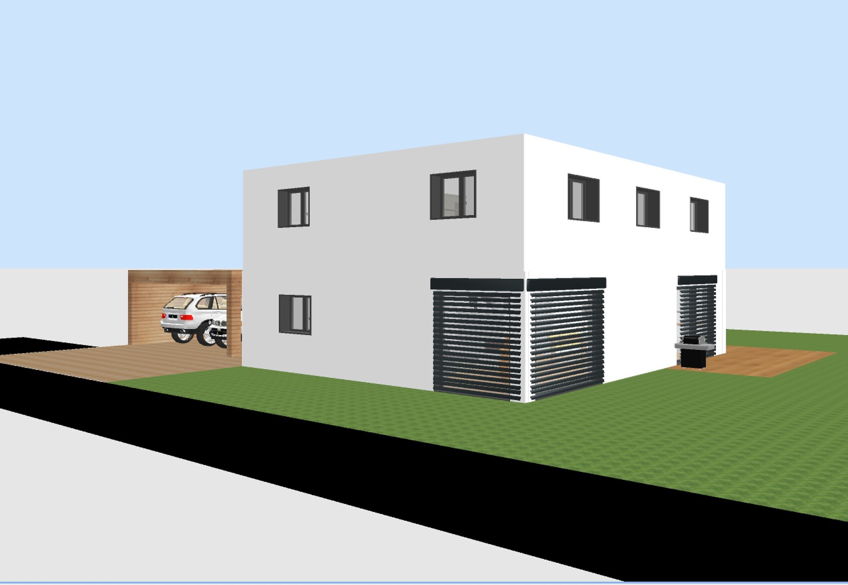 Modernes zweistöckiges Haus, grau/weiß, Holz-Carport mit Auto, Gartengrundstück mit Grill.
