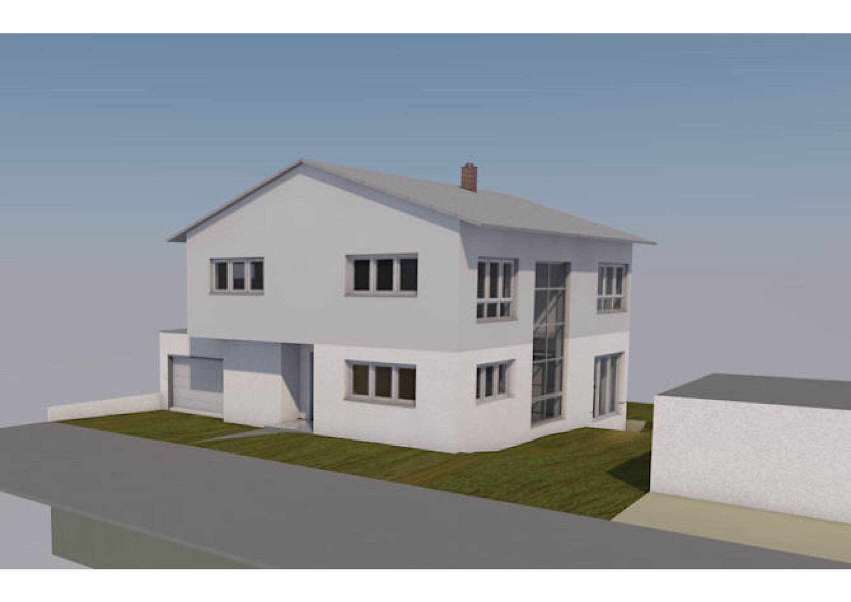 Moderne weiße zweistöckige Villa mit grauem Dach, großen Fenstern und Garage.