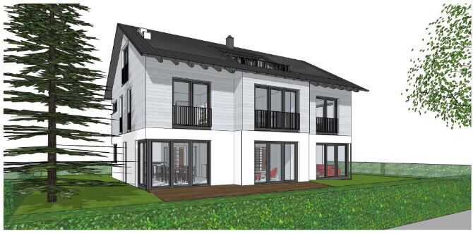 Modernes zweistöckiges Haus mit großen Fenstern, Balkonen, Terrasse und Garten.