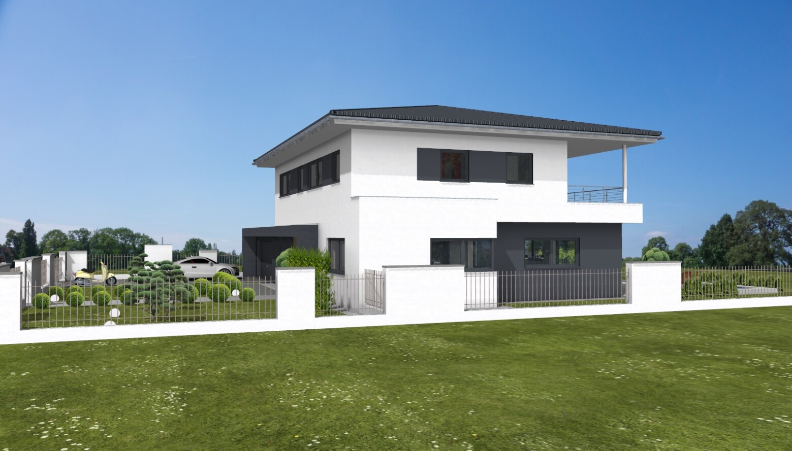 Moderne weiße, zweistöckige Villa mit grauer Basis, Garten, Zaun und geparktem Auto.