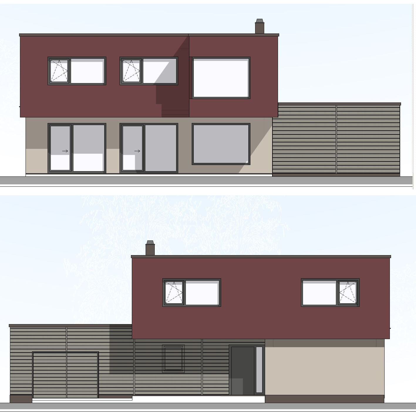 Moderne zweigeschossige Hausfront: braunes Obergeschoss, beiges Untergeschoss, große Fenster.