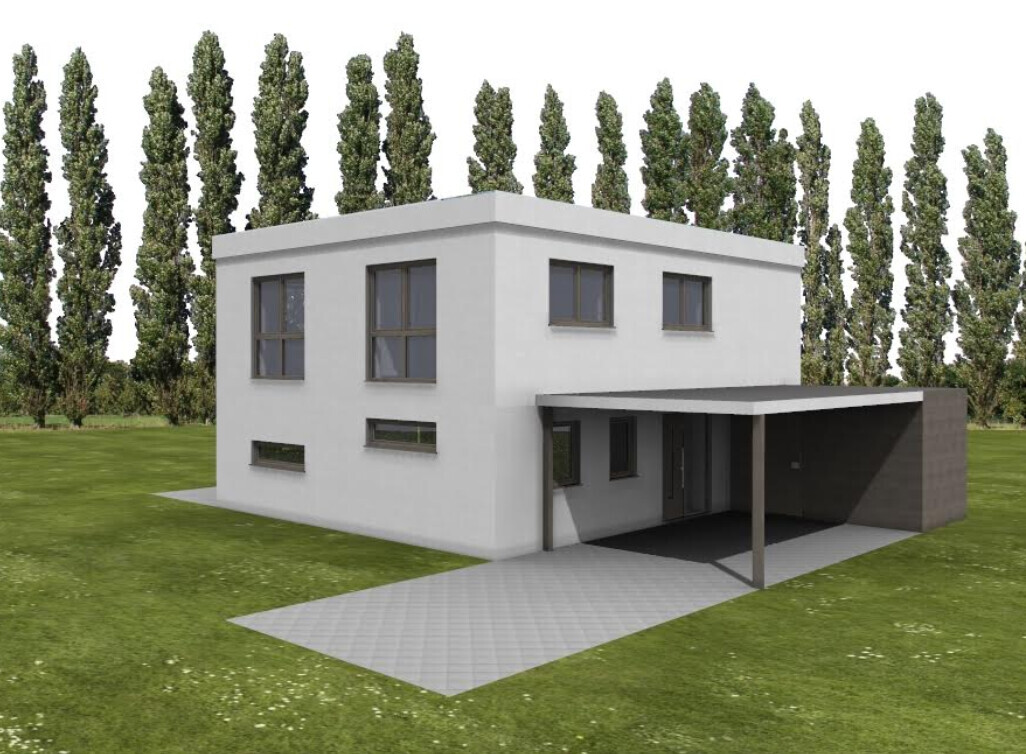 Modernes, weißes Einfamilienhaus mit Flachdach, Carport rechts, Einfahrt und Rasen.