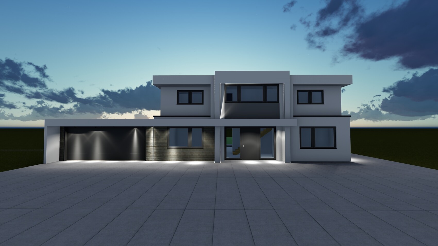 Modernes Zweistöckhaus mit großer Garage links und Glaseingang.