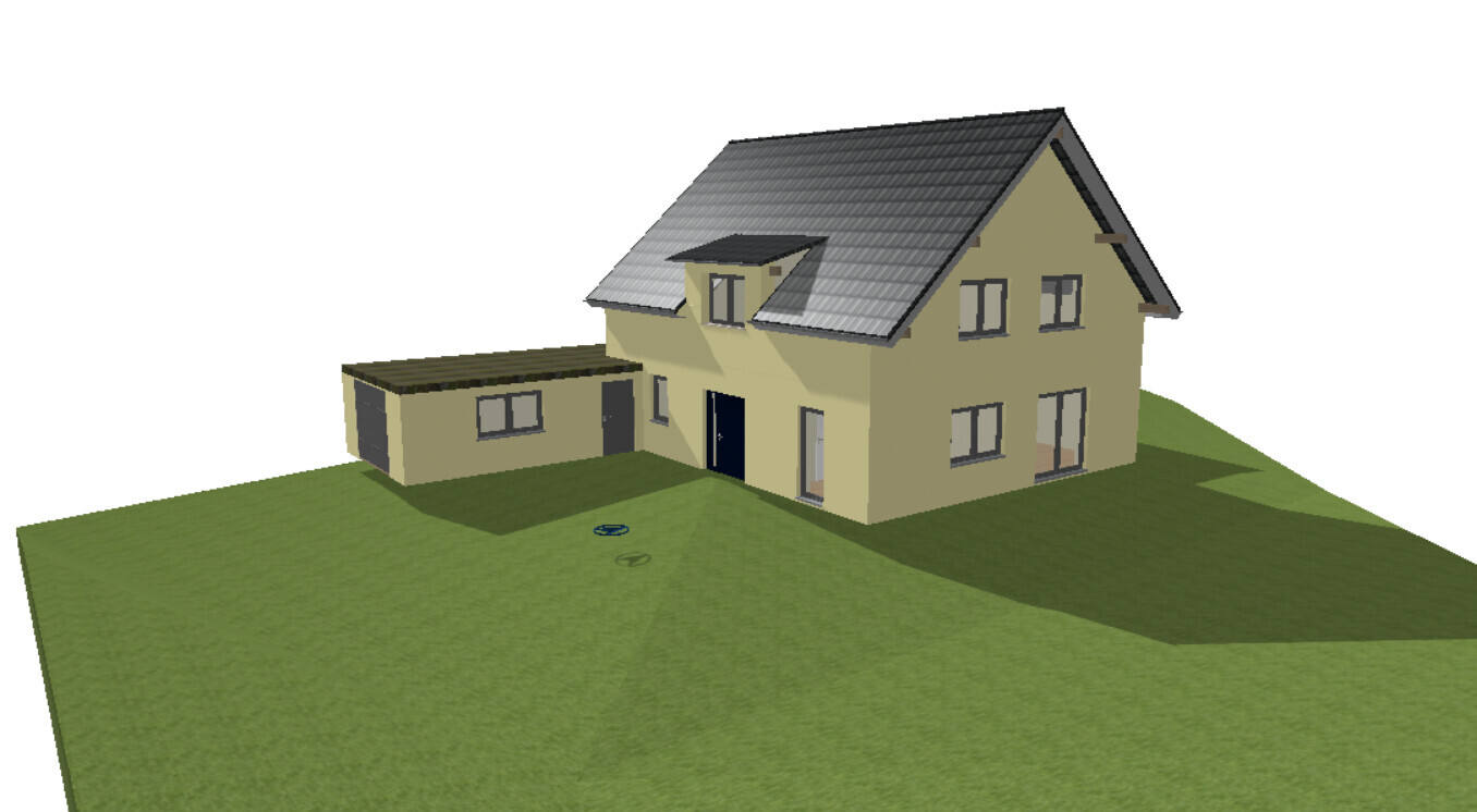 Zweistöckiges beiges Haus mit grauem Satteldach und seitlicher Garage auf grünem Rasen.