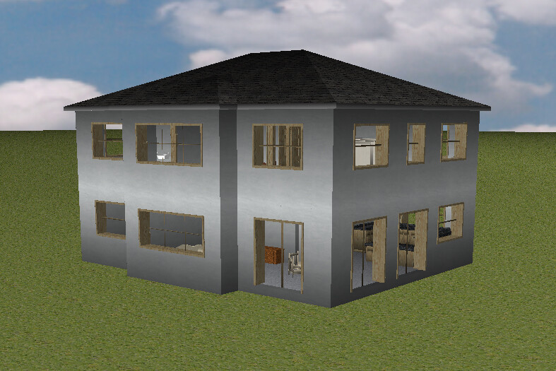 Zweistöckiges graues Haus mit vielen Fenstern; offene Tür, Innenräume sichtbar, auf Gras.