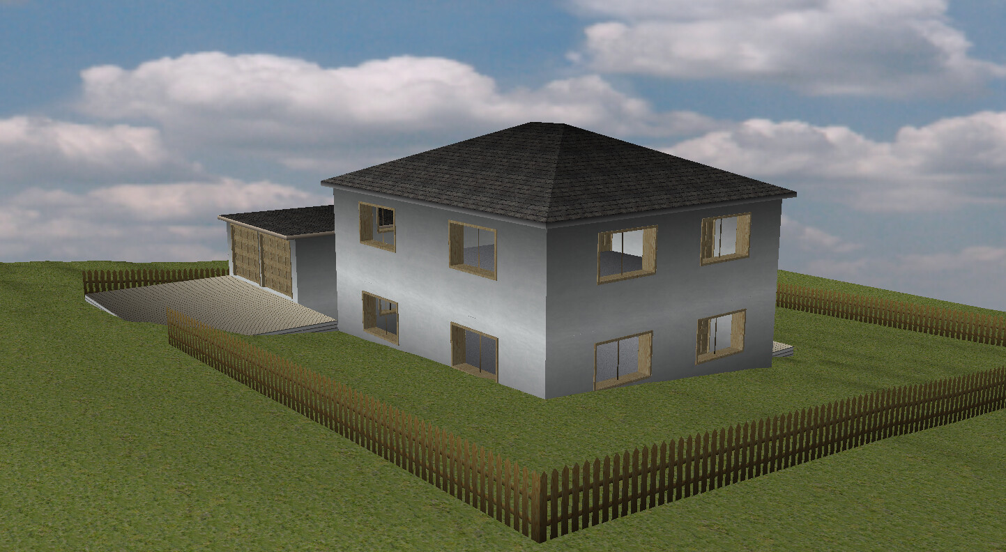 Zweistöckiges graues Haus mit dunklem Dach, Holzfenstern, Garten und umlaufendem Zaun.