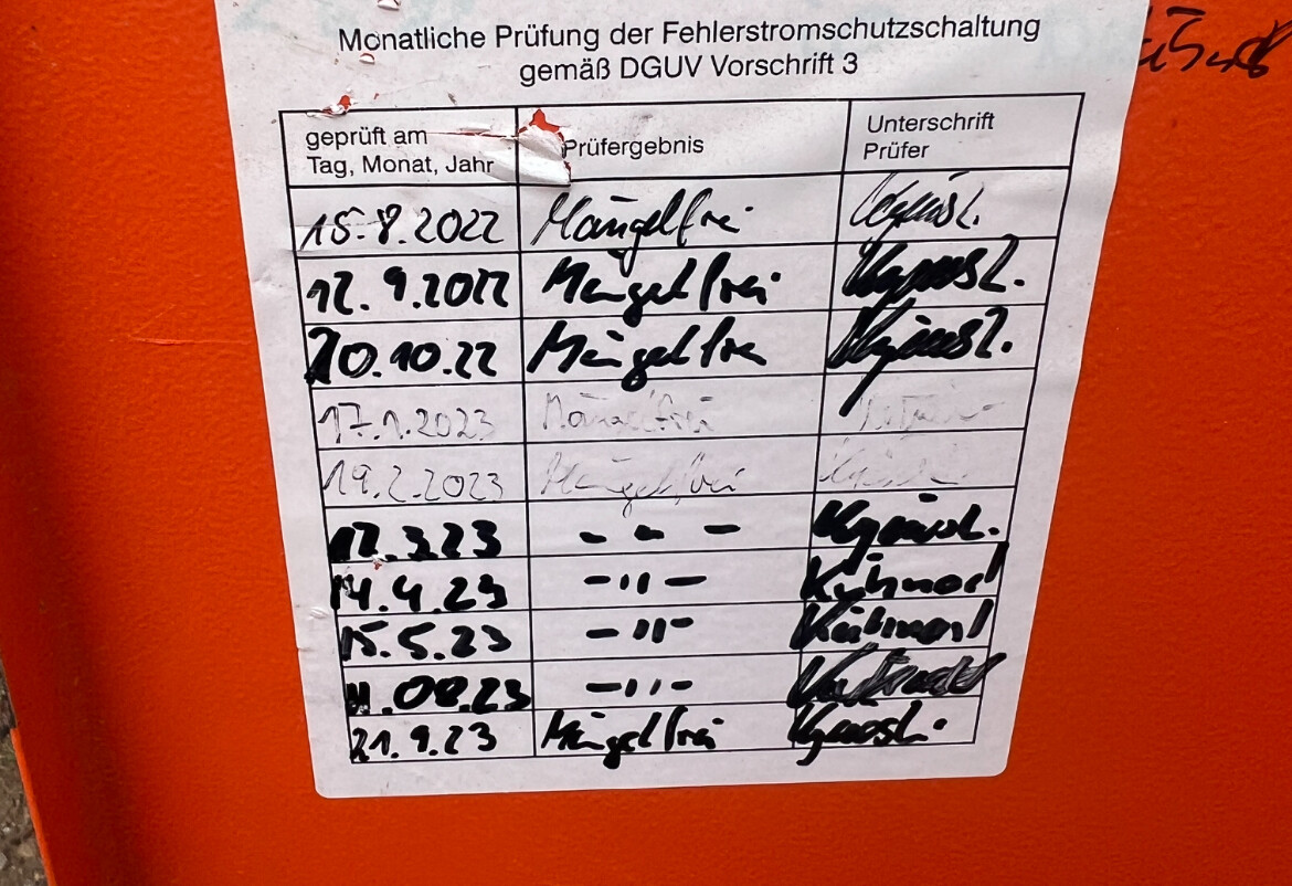 Aufkleber mit Tabelle zur monatlichen Prüfung der Fehlerstromschutzschaltung (DGUV Vorschrift 3)