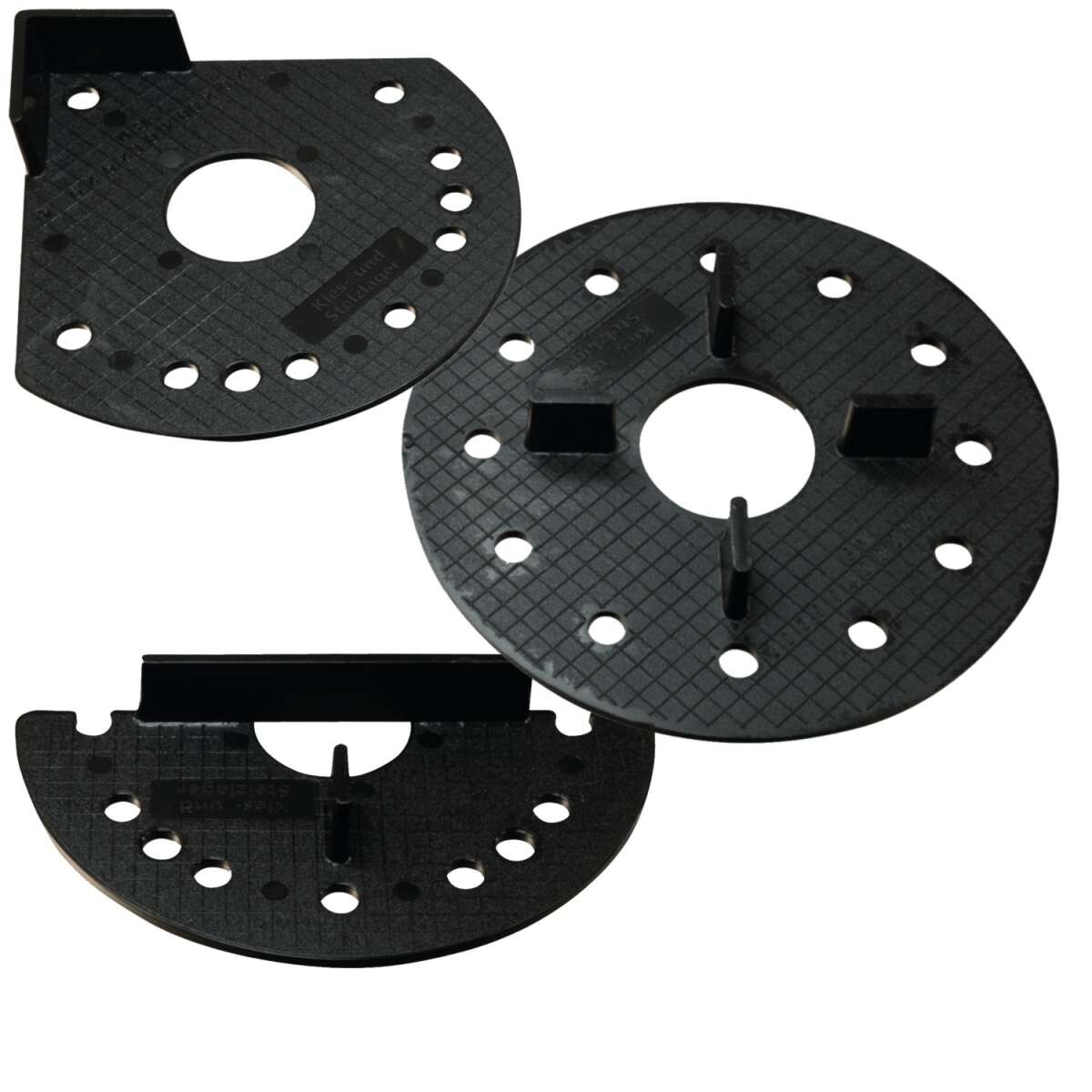 Schwarzes Kunststoff-Montagescheiben-Set mit Lochungen und Haltenasen