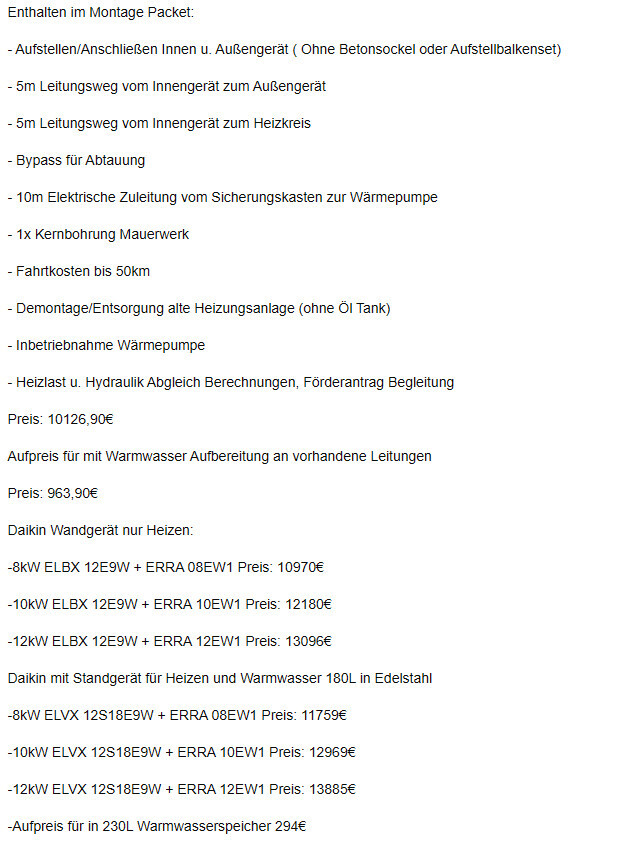 Liste der Montagepaket-Inhalte: Installation, Leitungen, Bypass, Demontage, Preise.