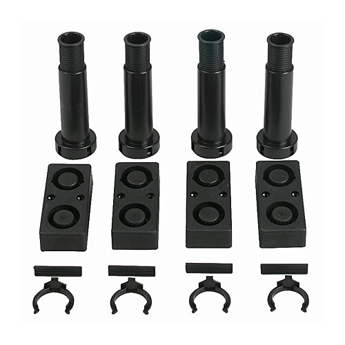 Vier schwarze Montagebauteile: je Stift, Lochplatte mit zwei runden Löchern, Clips.
