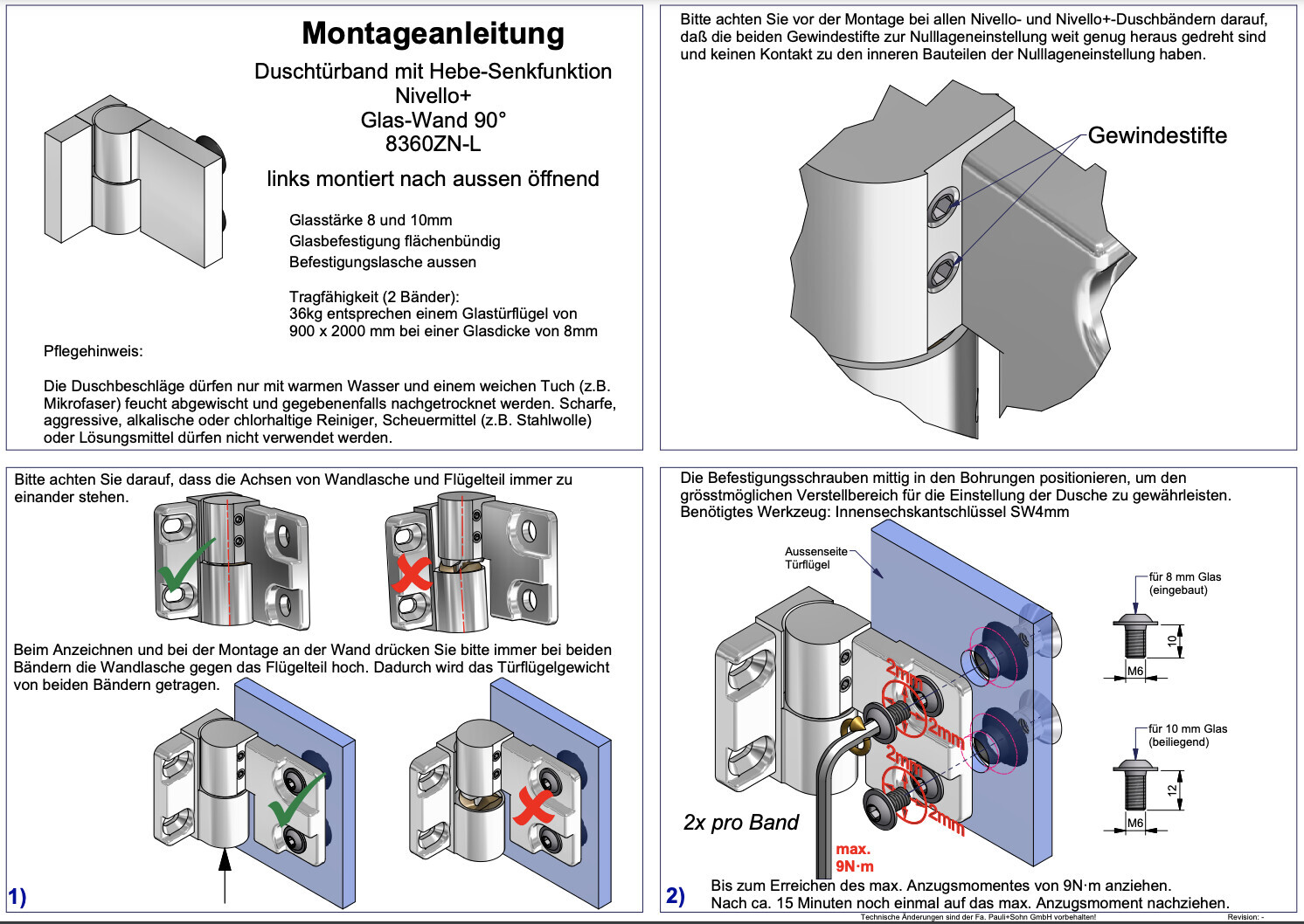 Montageanleitung für Duschband Nivello+ Glas-Wand 90°, mehrere Diagramme und Montageschritte.