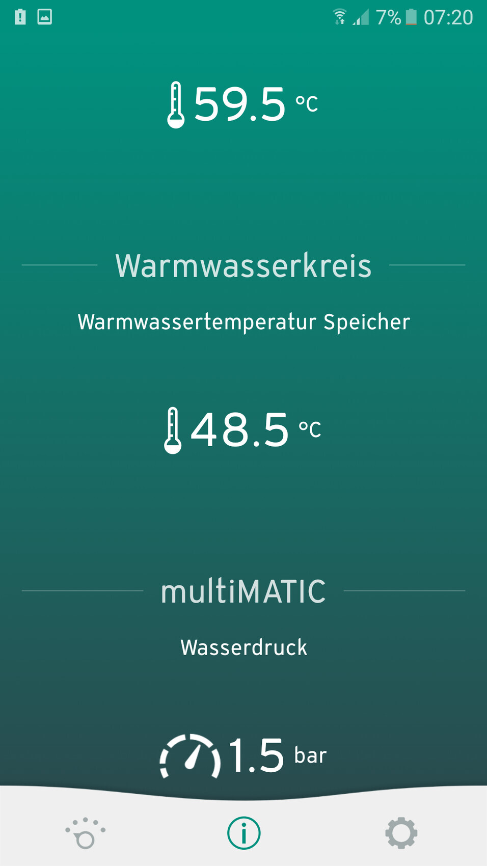 Screenshot einer Heizungs-App: Warmwasserkreis, Temperaturen 59.5°C und 48.5°C, Wasserdruck 1.5 bar.